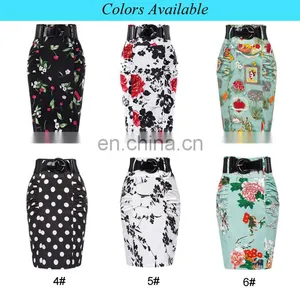 Kate Kasin Women's Shirred Detail Flower Pattern Cotton Pencil Skirt With Wide Belt KK000610-2 thumbnail-6
