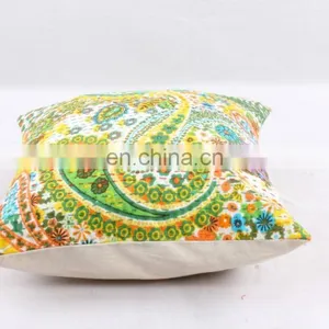Indian Cotton Handmade Green Kantha Cushion Cover Kantha Throw Pillow Cover Hand Quilted Decorative Cushion Cover Art thumbnail-3