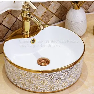 Bathroom Ceramic Luxury Round Basin Countertop Gold Color Art Wash Hand Sink With Single Hole thumbnail-1