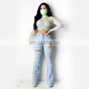 LAITE TR2012 Wholesales Custom New Fashion Broken Hole Straight Edge Women Casual Flare Jeans thumbnail-2