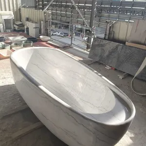High Quality Large Size White Color Customized Real Stone Marble Oval Bathtub Floor Free Standing Bathtub thumbnail-3