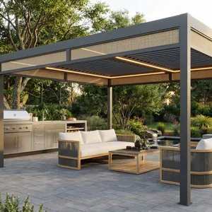 Motorized Louvered Aluminum Pergola With LED Lights, Modern Outdoor Gazebo for Garden & Patio thumbnail-2