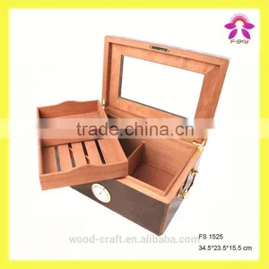 Noble Exquisite Wooden Luxury Fabric Cigar Humidor Gift Boxes With Glass Lid Cabinet Hygroscope Storage Glasstop Tobacco Box thumbnail-5