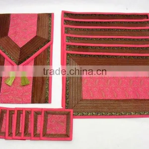 Indian Silk Table Runner With Placemats and Coaster in Pink Color Size 16*62 thumbnail-1