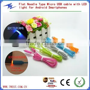 Flat Noodle Design Candy-colored Micro USB Cable With Led Light for Android Smart Phone thumbnail-1