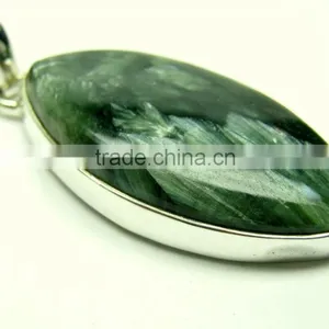 Seraphinite Marquise Natural Gemstone Cabochon Pendant, 925 Solid Sterling Silver Pendant thumbnail-1