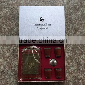 9oz Leather Wrapping Hip Flask and Antique Copper Zinc Alloy Logo and 4 Cups Are Arranged in the Package Box. thumbnail-2