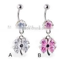 Belly Ring With Dangling Jeweled Clover,belly Ring, Body Piercing Jewelry thumbnail-1