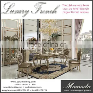 CT31A Neoclassical Rococo Elegant 24k Gold Paiting Dining Room Set Luxury Antique Villa Wood Carved Table Chairs Home Furniture thumbnail-1
