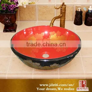 Black and Red Glaze Installing Bathroom Basin With Golden Pattern thumbnail-1