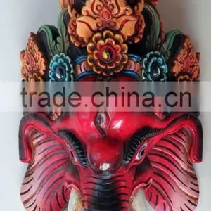 Hand Crafted Wooden Mask of Hindu Lord Ganesh Wall Hanging Made In Nepal thumbnail-1