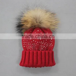 Myfur Chinese Manufacturer Woolen Hat for Kids With Detachable Raccoon Fur Pompom thumbnail-1
