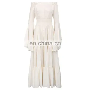 Belle Poque Retro Vintage Long Bell Sleeves Off Shoulder Cotton Flared A-Line Beige Long Maxi Dress BP000401-1 thumbnail-6