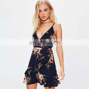 Navy Strappy Printed Flounce Backless Mini Lady Wrap Dress thumbnail-3