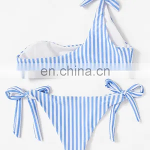 Tie Side One Shoulder Striped Bikini Set thumbnail-2