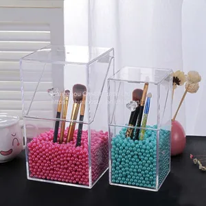 Covered Makeup Brush Holder With Dustproof Lid, Pearls Beads, Large Capacity Acrylic Clear Cosmetic Brush Storage Organizer for Vanity thumbnail-1