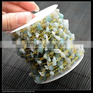 LFD-009C ~ Wholesale Gold Plated Amazonite Stone Chips Beaded Wire Wrapped Rosary Chains Natural Chip Stone Rosary Chains thumbnail-3