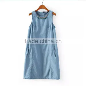2014 New Design Ladies Sleeveless Denim Dress Women Light Bule Denim Jeans Dress Quality Choice thumbnail-3