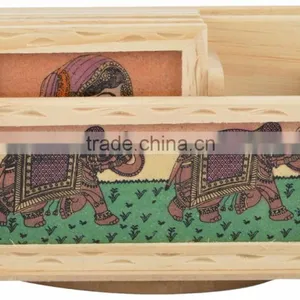 Rich Art And Craft Jaipur Rajasthan Wooden Handicraft Handmade Office Set of Pen Stand Tea Coaster thumbnail-4