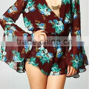 Cheap 2015 Sexy Ladies Long Bell Sleeve Deep V Neck Print Floral Plus Size Loose Short Chiffon Playsuit Romper Jumpsuit thumbnail-4