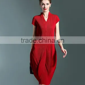 Solid Colors Women Draped V Neck Lantern Dresses With Short Sleeve thumbnail-4