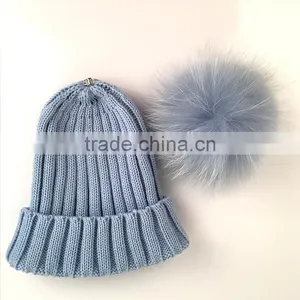 Myfur Wholesale Raccoon Fur Pom Pom Adult Couple Knitting Beanie in Sky Blue thumbnail-3