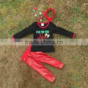 New Design Christmas Outfits Girl Baby Kids Wear "I'm on the Nice List" Red Sequins Pant With Matching Accessories Set thumbnail-1