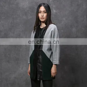 Wool Coat With Leather Patchwork Design for Women thumbnail-1