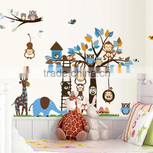 2016 Large Size Kids Cartoon Monkey Giraffe Owl Bird Wall Stickers thumbnail-3