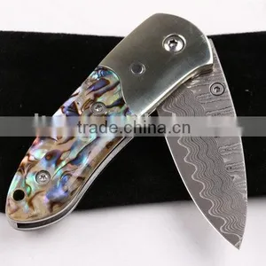 OEM Damascus Small Abalone Pure Copper Folding Knife thumbnail-4