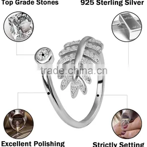 925 Sterling Silver Feather Shaped Cocktail Pave Setting Ring thumbnail-2