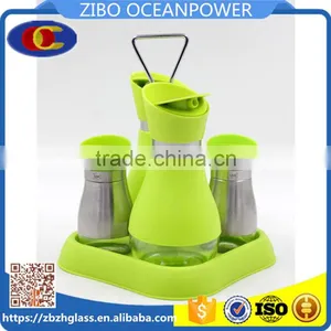 Glass Oil Vinegar Salt Pepper Set With Plastic Holder Green thumbnail-1