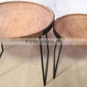 Natural Wooden Iron Furniture Set of 2 Wooden Tray With Iron Stand thumbnail-1