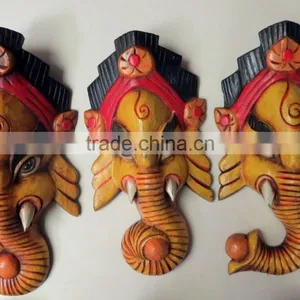Hand Crafted Wooden Mask of Hindu Lord Ganesh Wall Hanging Made In Nepal thumbnail-1