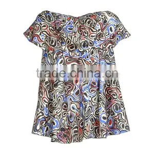 2015 Fashion Polyester Short Sleeves Print Graceful Direct Manufacturer High Quality Mandarin Collar Blouse thumbnail-3