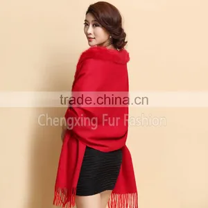 CX-B-P-41B Fur Trim Decora Fashion Women Pashmina Shawl With Fur thumbnail-3