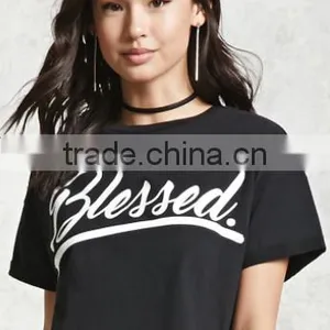 2017 Women Short Sleeve Fashion Cotton Numbers Printed Tshirt Hem Curling OEM Service thumbnail-2