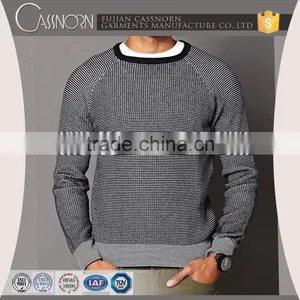 Raglan Long Sleeve Rib Knit Black Neckline Cotton Sweater Mens Striped Pullover thumbnail-1
