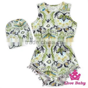 2LLY-090 Lovebaby Latest Sleeveless Printed Animals Pattern Summer Pom Pom Romper With Baby Hatbaby Jumpsuit Designs thumbnail-2