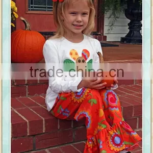 Applique Turkey Thanksgiving Day Fall Turkey Long White Sleeve T-shirt Floral Ruffle Orange Pants Fall Boutique Outfit Winter thumbnail-1