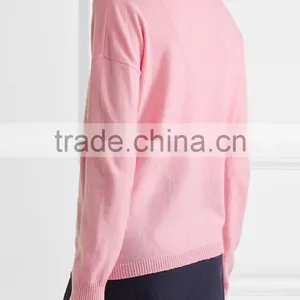 Crew Necked Pink Colored Asymmetrical Hem 100% Cashmere Sweater Women thumbnail-3