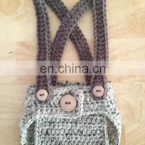 Crochet 3 Pcs Set Newsboy Hat Diaper Cover Set /Suspenders and Bow Tie in Oatmeal & Taupe, Photography Prop for Newborn Baby thumbnail-3