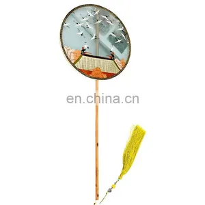 Chinese Style Multi-pattern Silk Embroidery Dual-faced Handmade Fan With Long Wooden Handle And Tassel Pendant(20*51cm) thumbnail-1