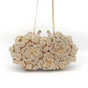 Golden Silver Luxury Crystals Evening Bags Fashion Rose Flower Diamonds Clutch Bags Soiree Purse Women Wedding Bride Handbags thumbnail-3