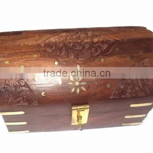 Wooden Carved Half Round Box for Sundries, Wooden Carved & Brassinlay Decorative Box, Decorative Storage Box, Wooden Storage Box thumbnail-1