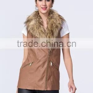New Fashion Wholesale Clothing Manufacturers Women PU Gilet With Fur Collar thumbnail-1