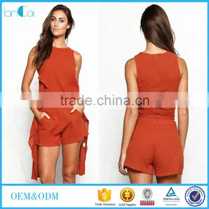 Cotton & Linen Fashionable High Low Crop Tops And Shorts Women Two Piece Sets thumbnail-1