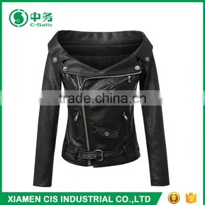 Fashion Design Women Black Motorcycle Leather Jacket for Sale thumbnail-1