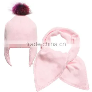 Myfur Customized Cute Set Of Knitting Hat and Scarf Cotton Yarn With Detachable Fur Pom Pom For Girls Kids thumbnail-3