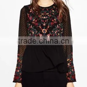 Runwaylover EY2364B Ladies Fashion 2017 Full Embroidery Chiffon Transparent Blouse thumbnail-2